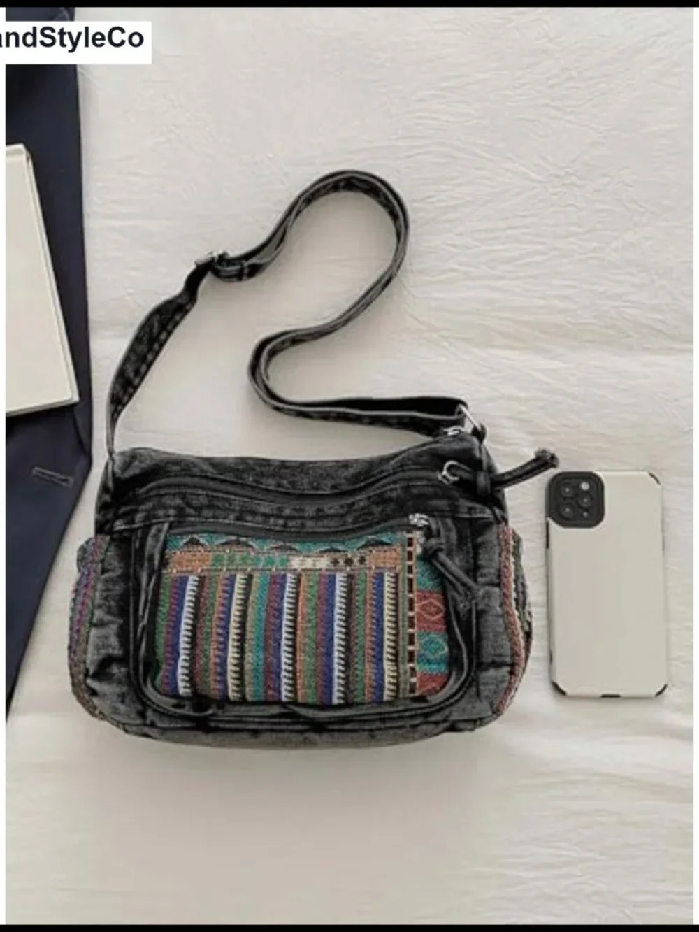 Boho Denim Crossbody Bag with Pockets, Adjustable Strap, Vintage Hippie Purse